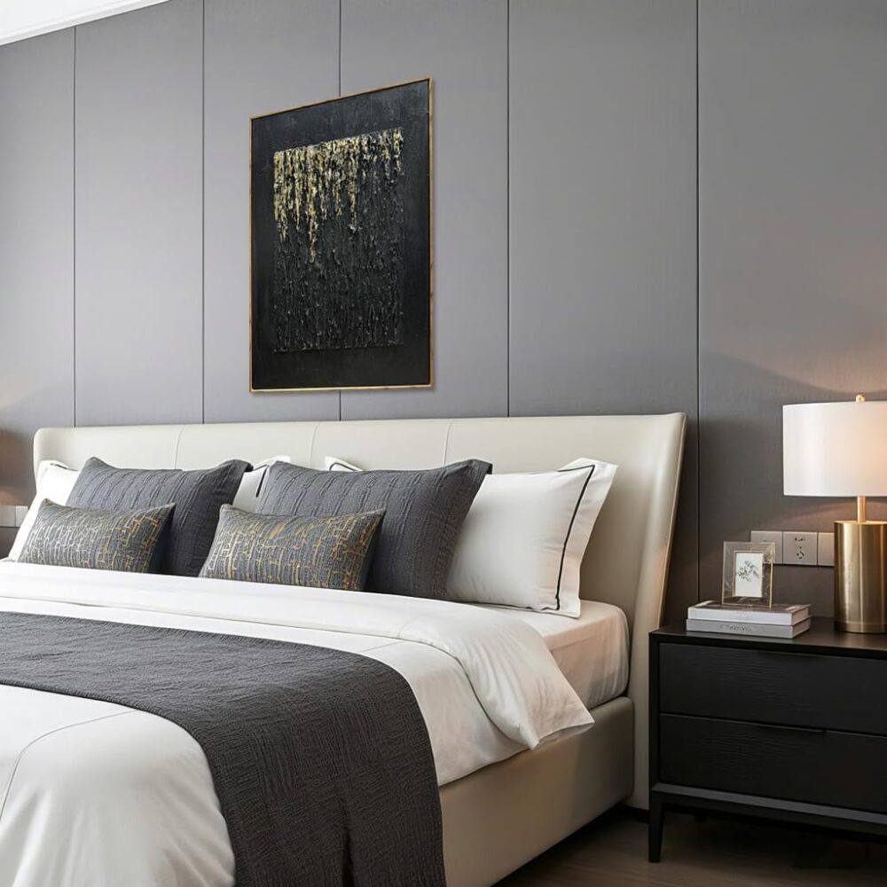 24x36Inch Hand Painted Golden Textured Acrylic Canvas Paintings Modern Black Decorative Wall Art Abstract Framed Artwork - Image 2