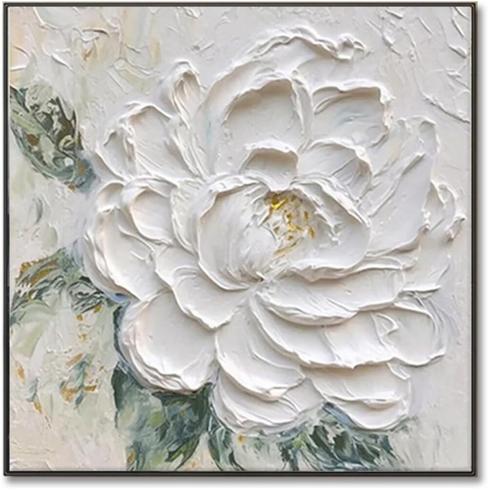 Hand Painted White Flower Oil Painting for Kitchen, Large 3D Floral Canvas Wall Art for Living Room, Framd Modern Wall Decor for Bedroom,Office Home Decor 32" x 32" - Image 2