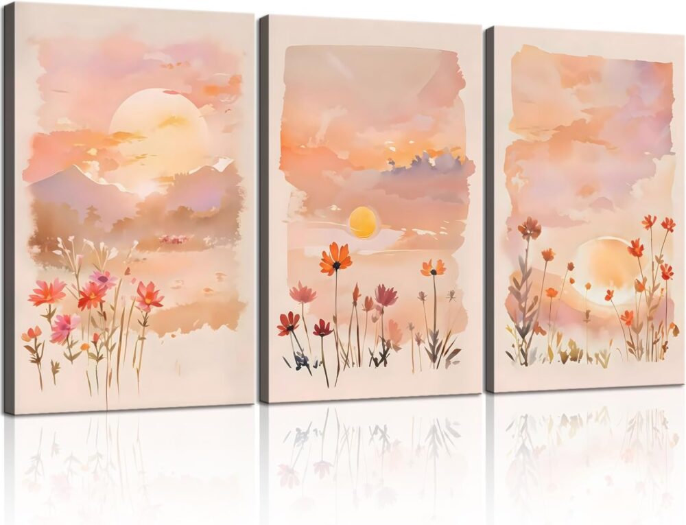 3 Panel Sunset Wall Art Wildflower Canvas Print Pink Floral Nature Landscape Painting Watercolor Boho Wall Decor for Bedroom Living Room 16x24in Ready to Hang