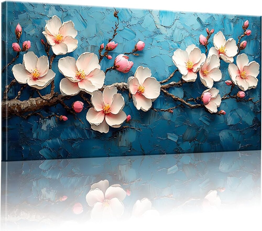 Cherry Blossom Wall Art Canvas, White Flowers on Blue Background, Living room Bedroom Office Modern blue mural Floral Painting Home Decor 20" x 40"
