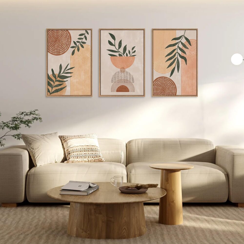 Framed Boho Wall Art Set of 3, 16"x24" Mid Century Modern Wall Decor, Bohemian Sun Geometric Painting, Large Abstract Canvas Art Print for Living Room, Bedroom, Dining Room, Office, Bathroom - Image 2