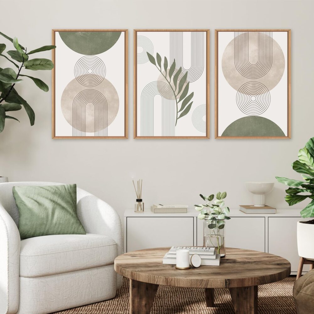 Sage Green Boho Framed Canvas Wall Art Set, Minimalist Beige Green Botanical Wall Decor, Abstract Geometric Line Leaf Canvas Painting for Living Room, Bedroom, Dining Room, Office Decor-24"x36"x3 - Image 2