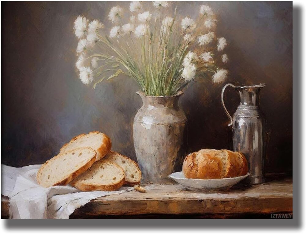 Poster Decorative Canvas Painting Bread and Flower Vintage Still Life Painting Living Room and Bedroom Office Decoration 12x16inch No Frame