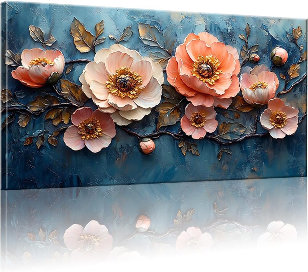 beautifulpink flower mural living room bedroom office farmhouse oil painting Artwork, blue background pink flowers modern home floral poster muralArtwork, flower posters for roomPrinted frame for hanging at any time.