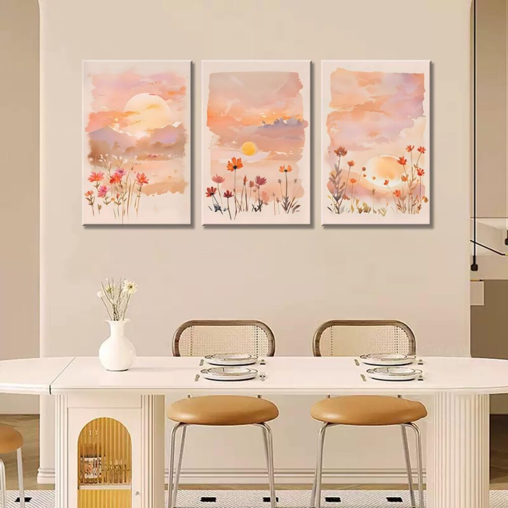 3 Panel Sunset Wall Art Wildflower Canvas Print Pink Floral Nature Landscape Painting Watercolor Boho Wall Decor for Bedroom Living Room 16x24in Ready to Hang - Image 2