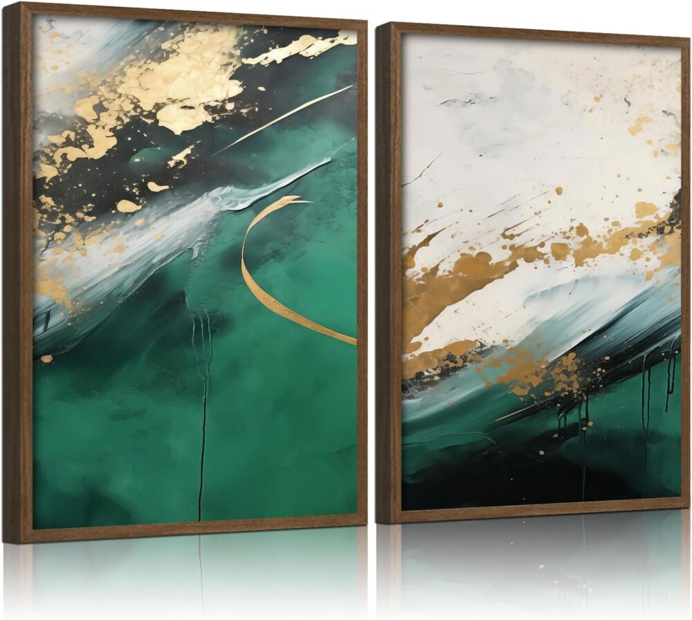 2pcs Wood Framed Green Abstract Canvas Wall Art - Abstract Green Gold Fluid Artwork - Modern Green Gold Abstract Prints Posters - Living Room Bedroom Decorative Paintings Gallery Style Wall Hanging Pictures