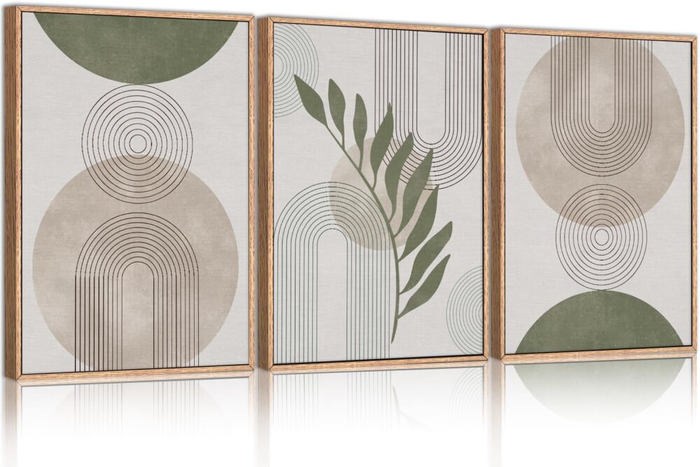 Sage Green Boho Framed Canvas Wall Art Set, Minimalist Beige Green Botanical Wall Decor, Abstract Geometric Line Leaf Canvas Painting for Living Room, Bedroom, Dining Room, Office Decor-24"x36"x3