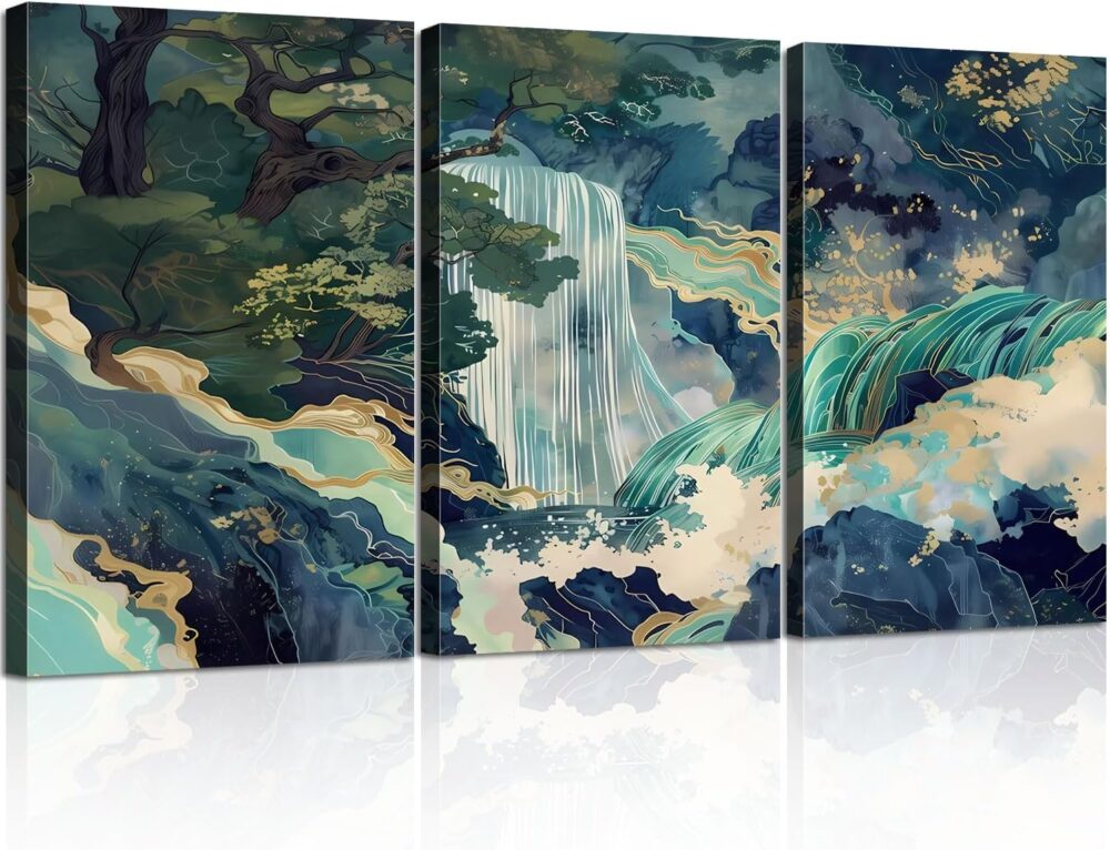 3Pcs Framed Japanese Canvas Wall art Painting Large Waterfall Scenery Poster Print Wrap Canvas Artwork Nature Scenery Abstract Blue Waterfall Zen Art Print Living Room Bedroom Office Decor 12x16 Inch