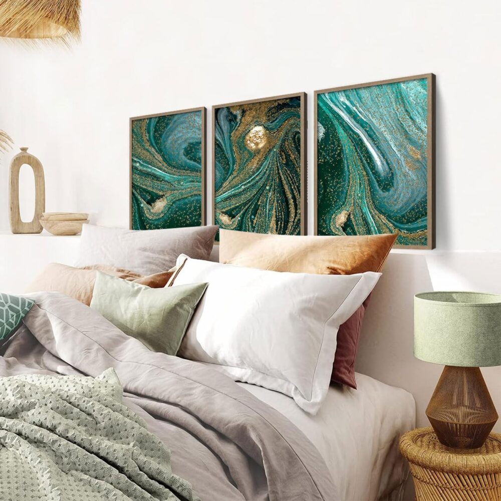 3pcs Wood Framed Green Abstract Canvas Wall Art - Abstract Green Black Gold Fluid Artwork - Modern Green Gold Abstract Prints Posters - Living Room Bedroom Decorative Paintings Gallery Style Wall Hanging Pictures - Image 2