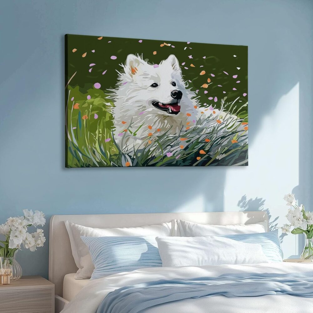Frameless Canvas Decorative Painting Grass Petals Animal Dogs, Oil Painting Style Wall Decor Art Pictures for Bedroom Office Home Decoration Gifts, 55 x 28 Inches Unframed