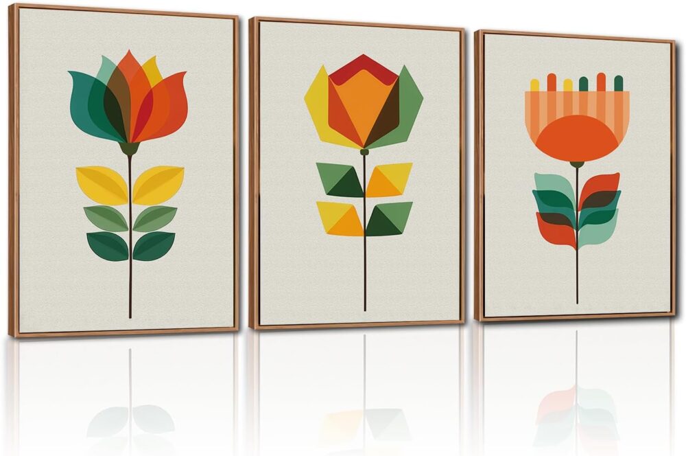 Abstract Floral Framed Canvas Wall Art, Large Aesthetics Geometry Flowers Wall Decor, Neutral Geometric Lines Wall Painting, Modern Floral Art Prints for Living Room Bedroom Office 16"x24"x3