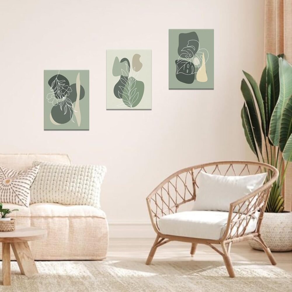 Framed Canvas Print Wall Art Set Pastel Green Lake Landscape Abstract Shapes Leaf Illustrations Modern Art Decorative Contemporary for Living Room, Bedroom, Dining Room, Set of 3, 12”x16” - Image 2