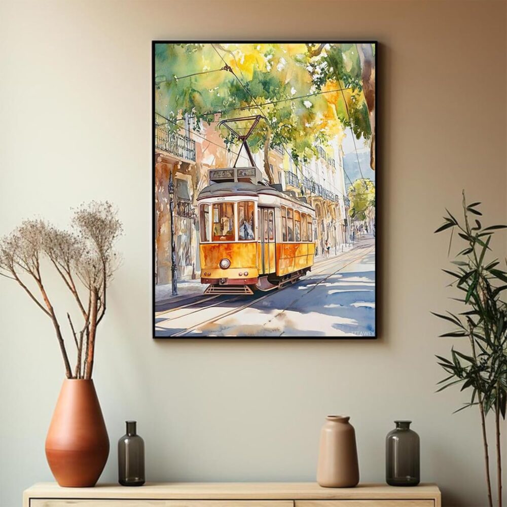 Poster Decorative Canvas Painting Lisbon Watercolor Painting Print Portugal Tram Wall Art Bedroom and Kitchen Office Wall Decoration 12x16inch No Frame - Image 2