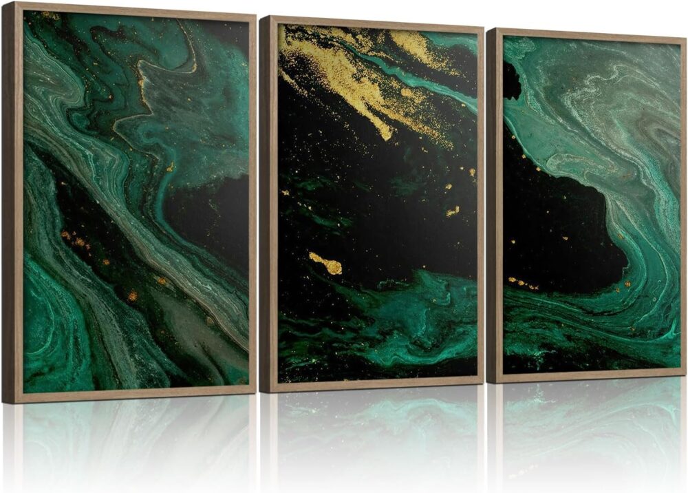 3pcs Wood Framed Green Black Abstract Canvas Wall Art - Deep Space Artwork - Modern Decorative Abstract Prints Posters - Living Room Bedroom Decorative Paintings Gallery Style Wall Hanging Pictures