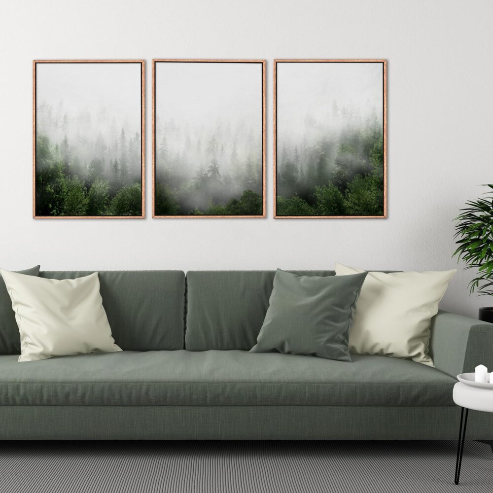 Misty Green Forest Framed Canvas Wall Art Set, Nature Scenery Modern Wall Decor, Foggy Mountain Wall Painting, Woodland Landscape Nursery Art Print for Living Room, Bedroom, Office - 16"x24"x3 - Image 2