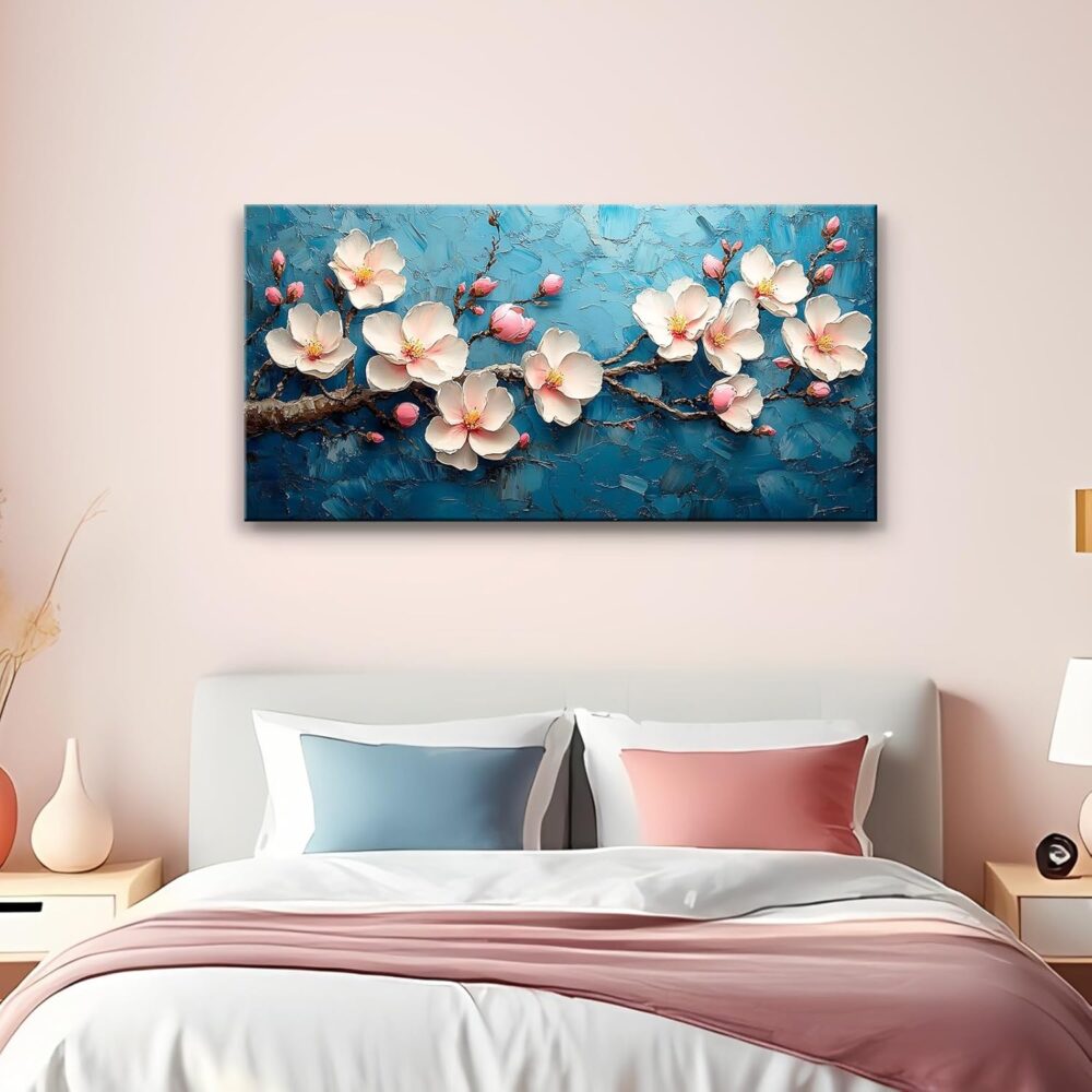 Cherry Blossom Wall Art Canvas, White Flowers on Blue Background, Living room Bedroom Office Modern blue mural Floral Painting Home Decor 20" x 40" - Image 2