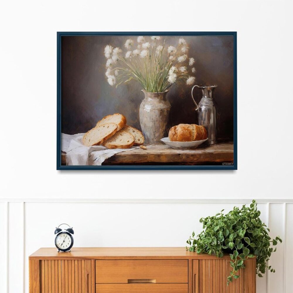 Poster Decorative Canvas Painting Bread and Flower Vintage Still Life Painting Living Room and Bedroom Office Decoration 12x16inch No Frame - Image 2