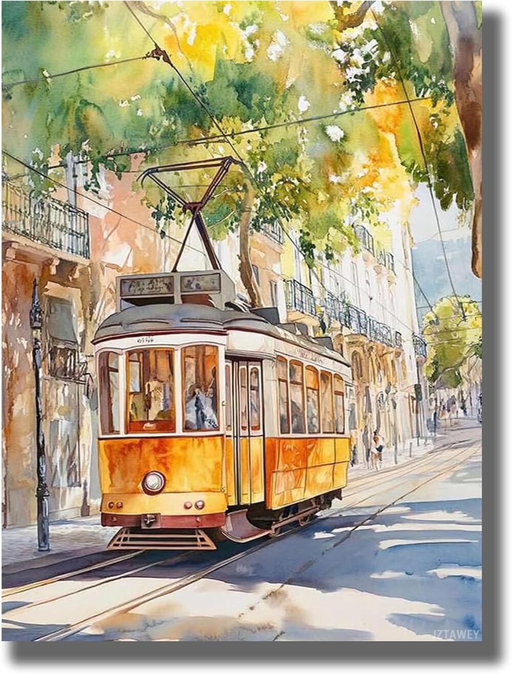 Poster Decorative Canvas Painting Lisbon Watercolor Painting Print Portugal Tram Wall Art Bedroom and Kitchen Office Wall Decoration 12x16inch No Frame