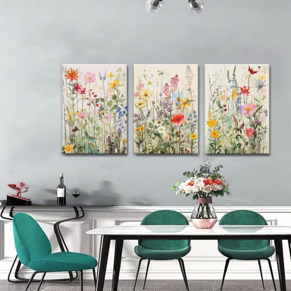 Framed Colorful Wildflower Canvas Wall Art Set Of 3 Flowers Pictures Prints Flowers Printing Floral Watercolors Flower wall Decor Living Room Girls Bedroom Bathroom - Image 2