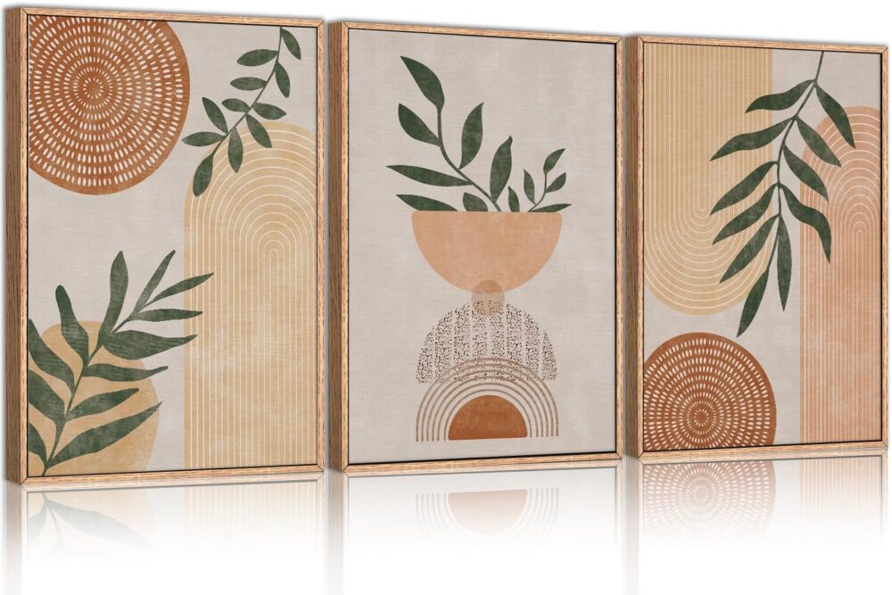 Framed Boho Wall Art Set of 3, 16"x24" Mid Century Modern Wall Decor, Bohemian Sun Geometric Painting, Large Abstract Canvas Art Print for Living Room, Bedroom, Dining Room, Office, Bathroom