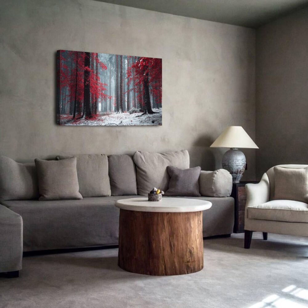 Fall Forest Wall Art Mystery Red Forest Wall Decor Nature Wilderness Painting Woodland Canvas Prints Autumn Botanical Picture Rustic Trees Poster Artwork for Bedroom Living Room Home Decoration 24x36" - Image 2