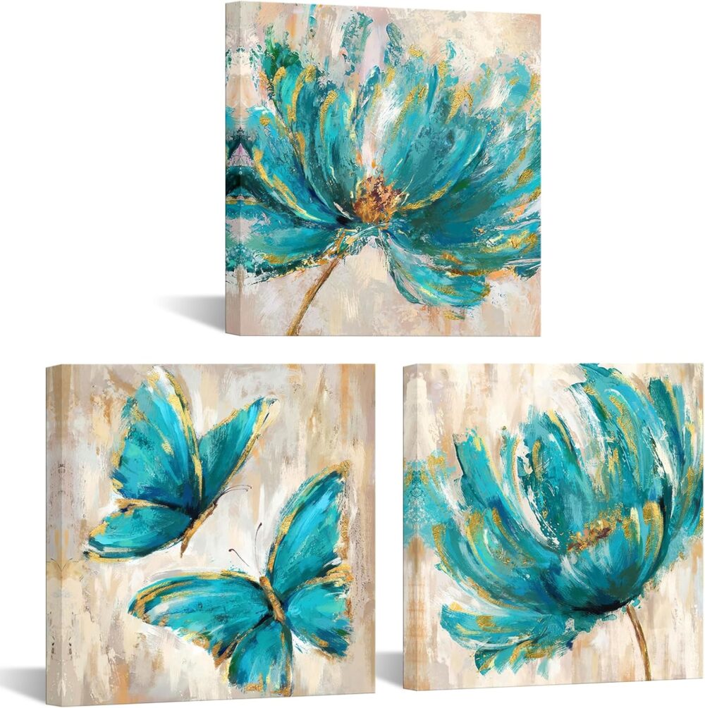 3 Pieces Teal Flower and Butterfly Canvas Prints Floral Oil Painting Gold Blue Wall Art for Bathroom Bedroom Ready to Hang Each Size 12x12 Inches (Teal)