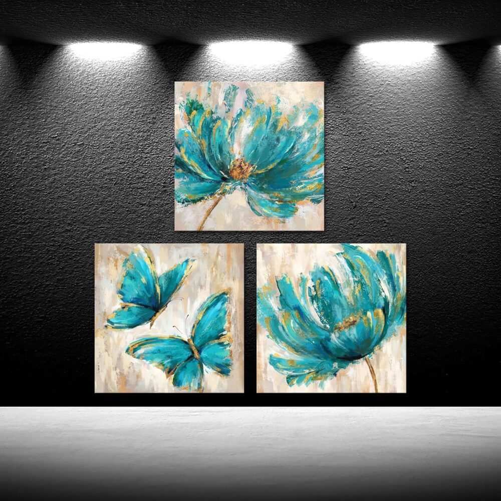 3 Pieces Teal Flower and Butterfly Canvas Prints Floral Oil Painting Gold Blue Wall Art for Bathroom Bedroom Ready to Hang Each Size 12x12 Inches (Teal) - Image 2