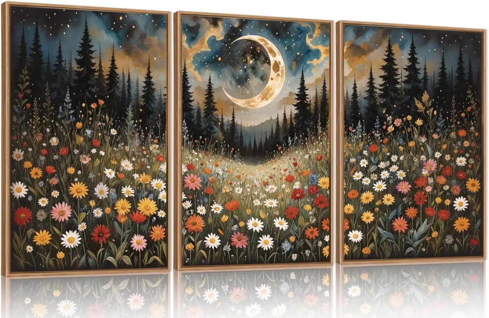 Wildflower Moon Pine Tree Framed Canvas Wall Art Set,Nature Forest Wall Decor,Mystical Starry Night Artwork Rustic Mountain Landscape Art Print for Living Room,Bedroom,Office-24 x36 x3