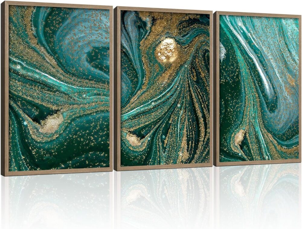 3pcs Wood Framed Green Abstract Canvas Wall Art - Abstract Green Black Gold Fluid Artwork - Modern Green Gold Abstract Prints Posters - Living Room Bedroom Decorative Paintings Gallery Style Wall Hanging Pictures