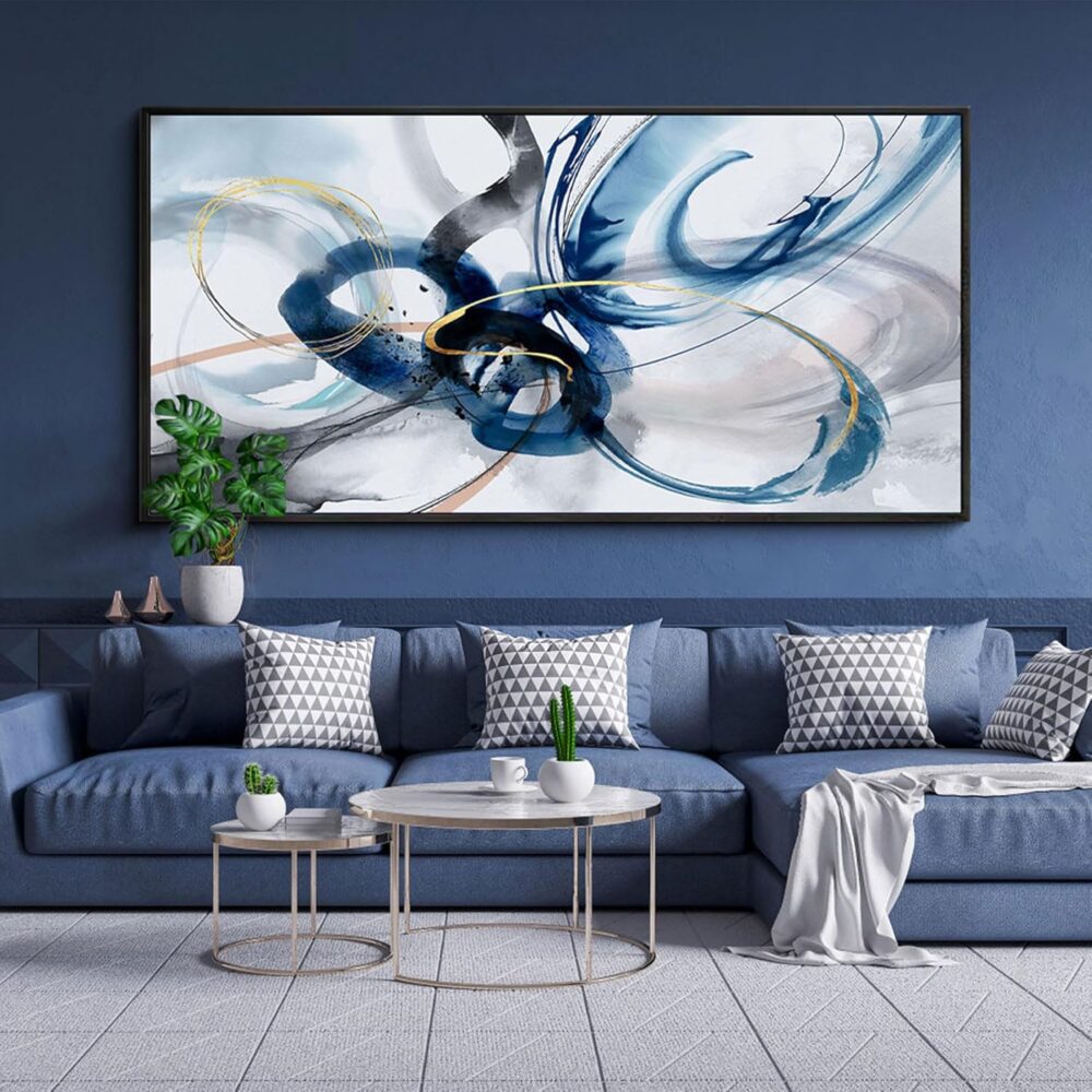 Modern Abstract Canvas Wall Art - Frame Wall Decor Living Room Picture Artwork for Office Bedroom Blue and White Decorative Paintings