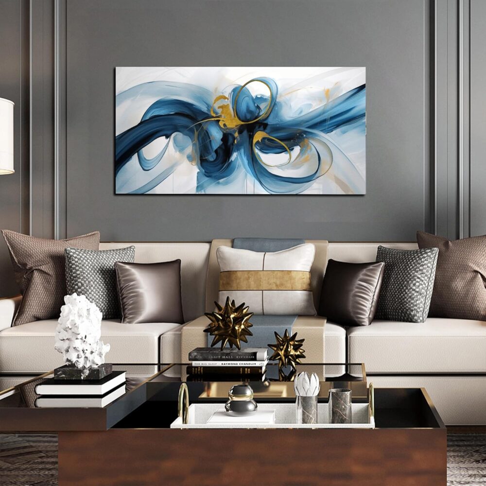 Large Wall Art Blue Abstract Canvas Wall Art Pictures for Living Room Office Wall Decor Decorative Canvas Painting Modern Framed Wall Art Artwork for Wall Print Ready to Hang Size 20x40 Inch - Image 2