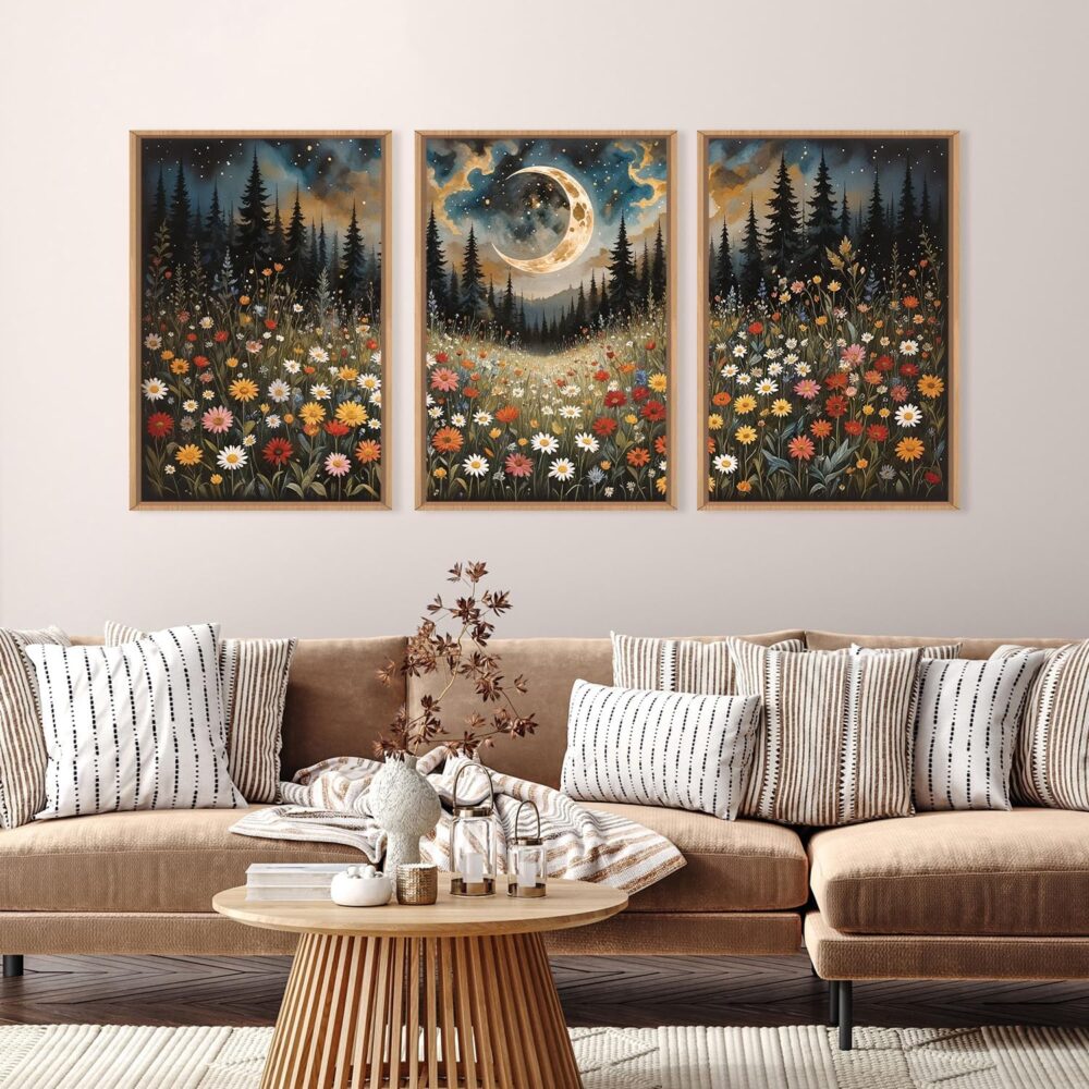 Wildflower Moon Pine Tree Framed Canvas Wall Art Set,Nature Forest Wall Decor,Mystical Starry Night Artwork Rustic Mountain Landscape Art Print for Living Room,Bedroom,Office-24 x36 x3 - Image 2