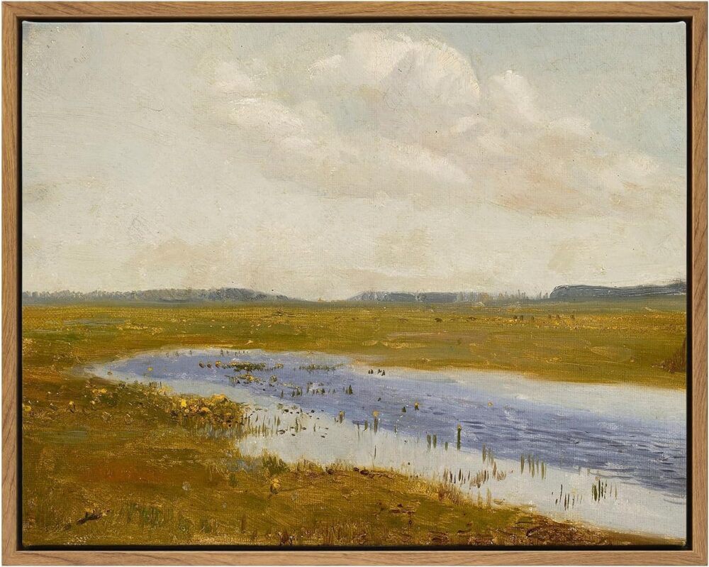 Framed Canvas Wall Art,Vintage Landscape Art, 14x11in Framed Rustic Canvas Print,Polish Meadow with Flowers Painting,Modern Farmhouse Decor Gifts,  Bedroom Bathroom Living Room,Office Decor