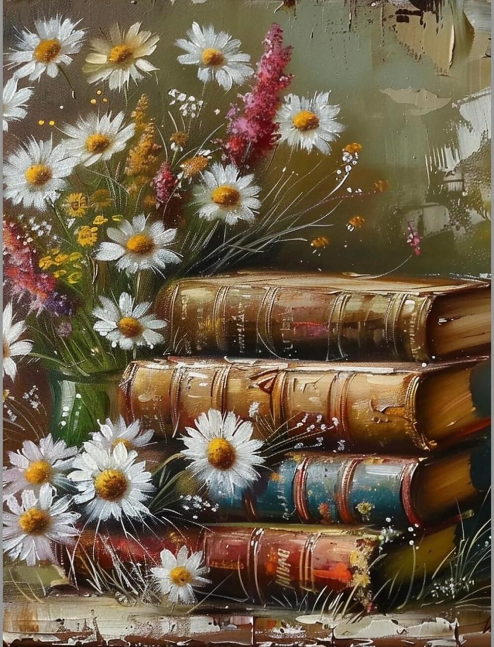 Vintage Daisy Flowers Canvas Wall Painting, Melancholy Flowers Book Art Oil Painting, Rustic Style Gallery Poster Print Painting For Living Room, Bedroom, Home Decor, 24x16 Inch Frame, Ready To Hang