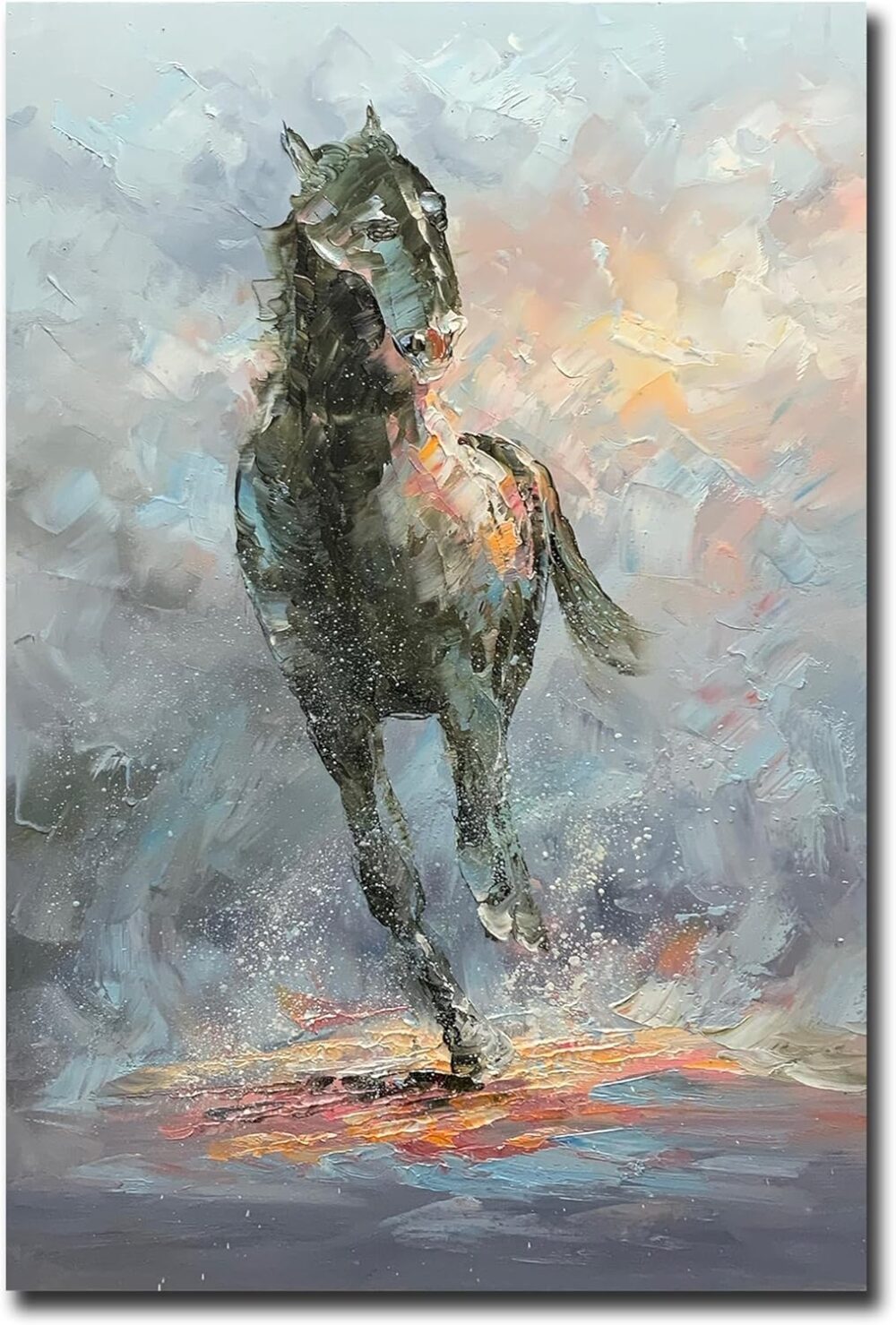 24X36Inch Abstract Hand Painted Running Horse Oil Painting Vertical Wall Art on Canvas Decorative Paintings Wood Inside Framed Ready to Hang