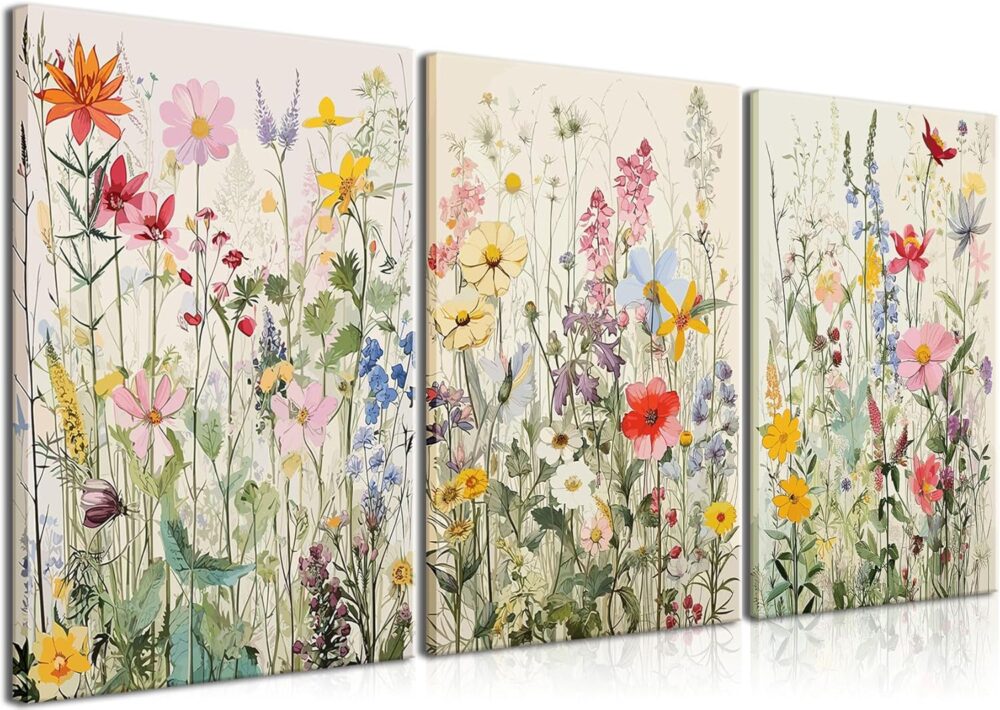Framed Colorful Wildflower Canvas Wall Art Set Of 3 Flowers Pictures Prints Flowers Printing Floral Watercolors Flower wall Decor Living Room Girls Bedroom Bathroom