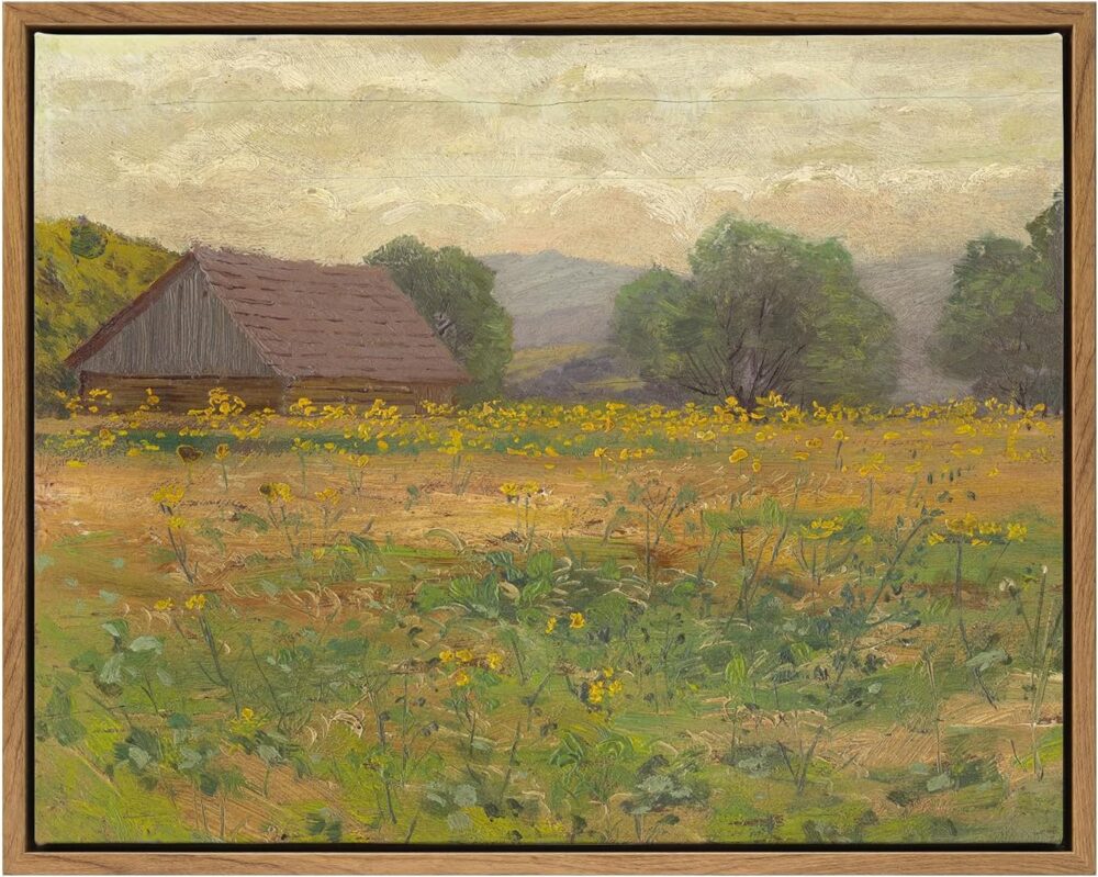 Framed Canvas Wall Art,Vintage Landscape Art, 14x11in Framed Rustic Canvas Print, Meadow with Flowers Painting, Modern Farmhouse Decor Gifts,  Bedroom Bathroom Living Room,Office Decor