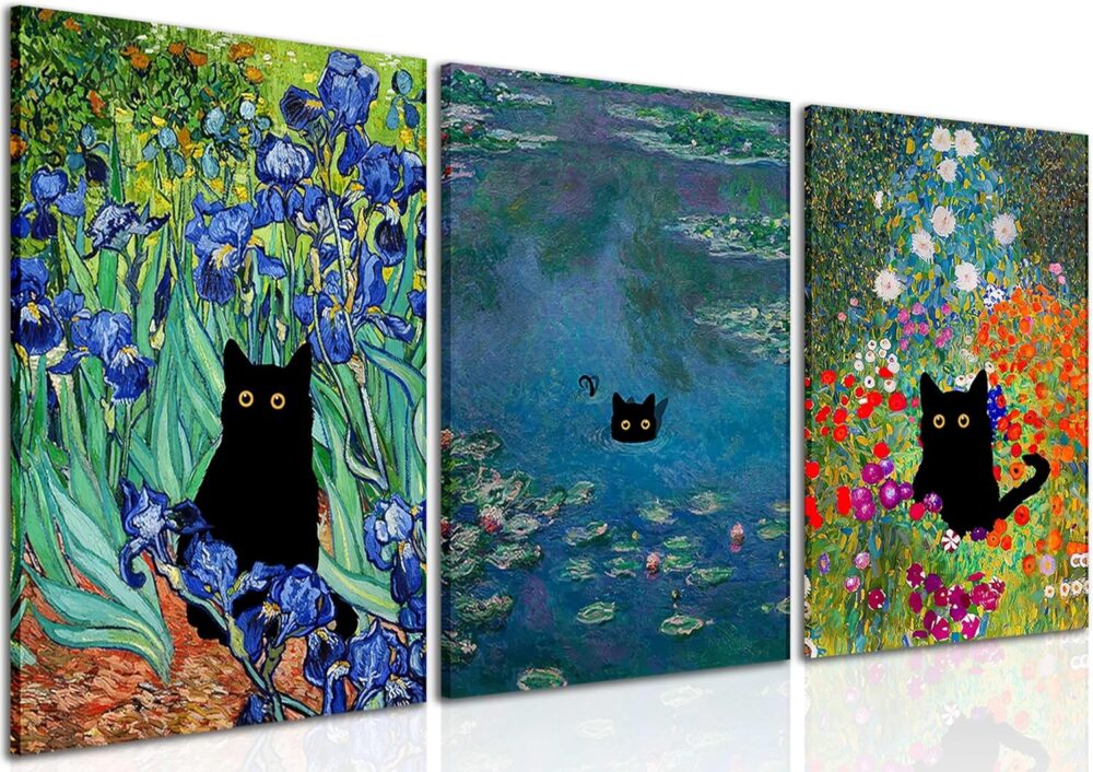 Monet Wall Art Set of 3 - Funny Cat in Water Lilies Canvas Paintings Prints, Garden Flowers Black Cat Aesthetic Pictures for Room Bedroom Living Room Bathroom 12x16 Framed