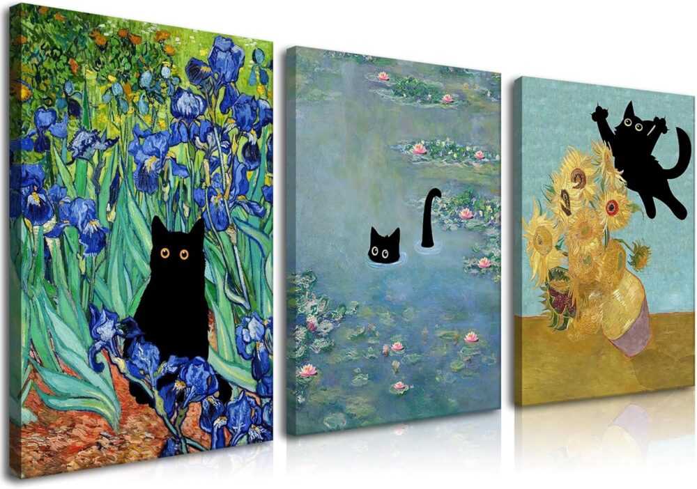Monet Wall Art Set of 3 - Funny Cat in Water Lilies Canvas Paintings Prints, Van Gogh Sunflower Cat Aesthetic Pictures for Room Bedroom Living Room Bathroom 12x16 in Framed