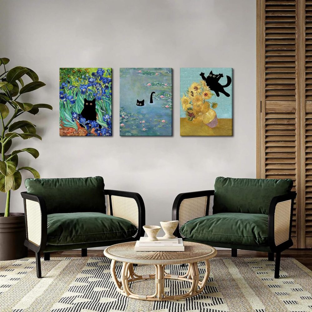Monet Wall Art Set of 3 - Funny Cat in Water Lilies Canvas Paintings Prints, Van Gogh Sunflower Cat Aesthetic Pictures for Room Bedroom Living Room Bathroom 12x16 in Framed - Image 2